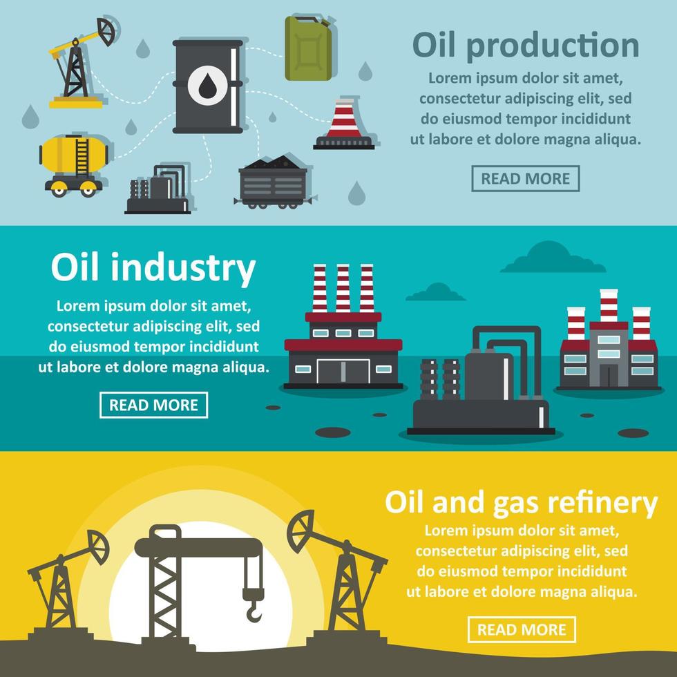 Oil rig industry banner horizontal set, flat style vector