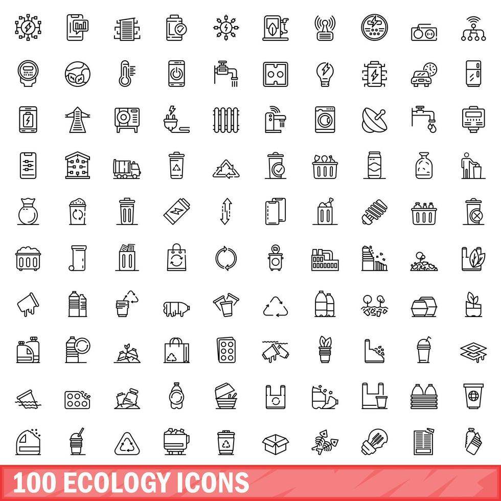 100 iconos de ecología, estilo de esquema vector