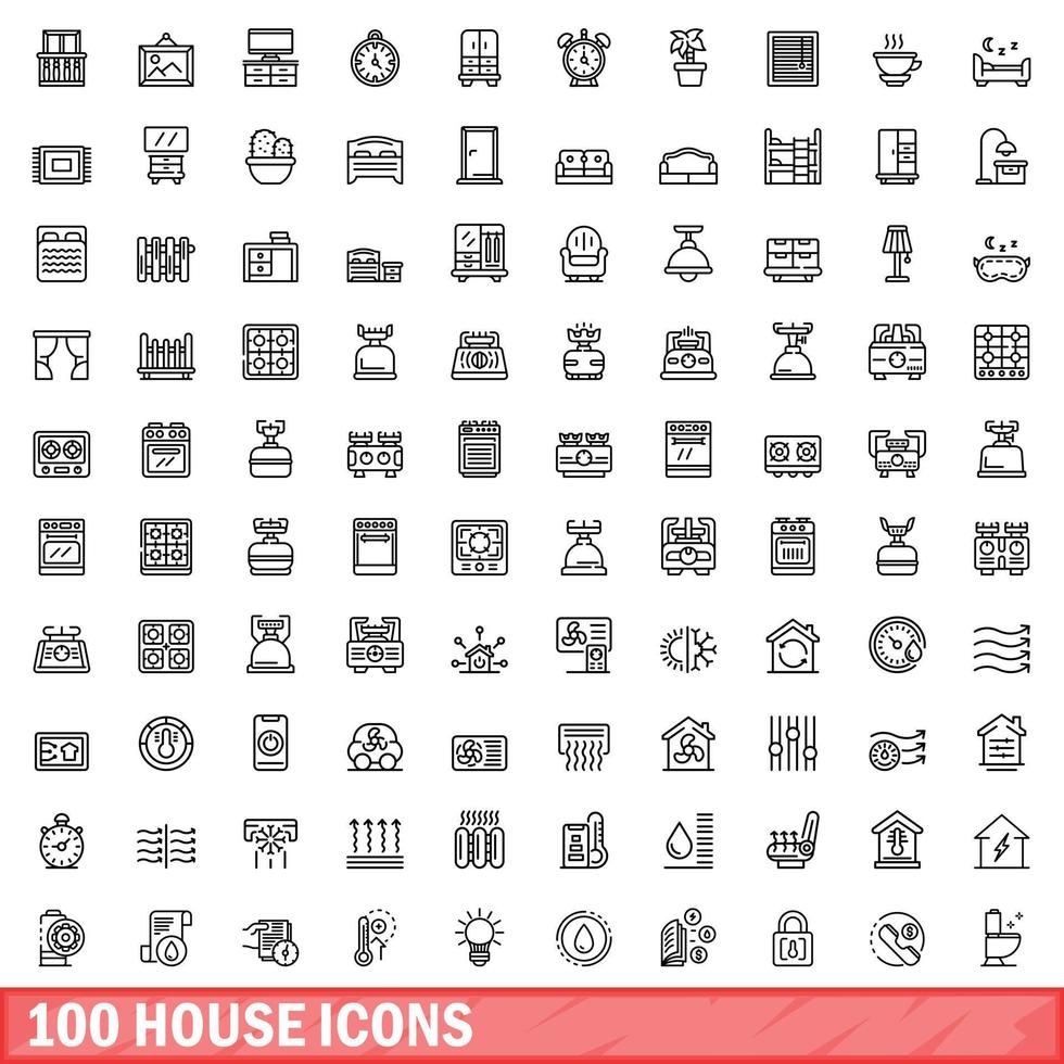 100 house icons set, outline style vector