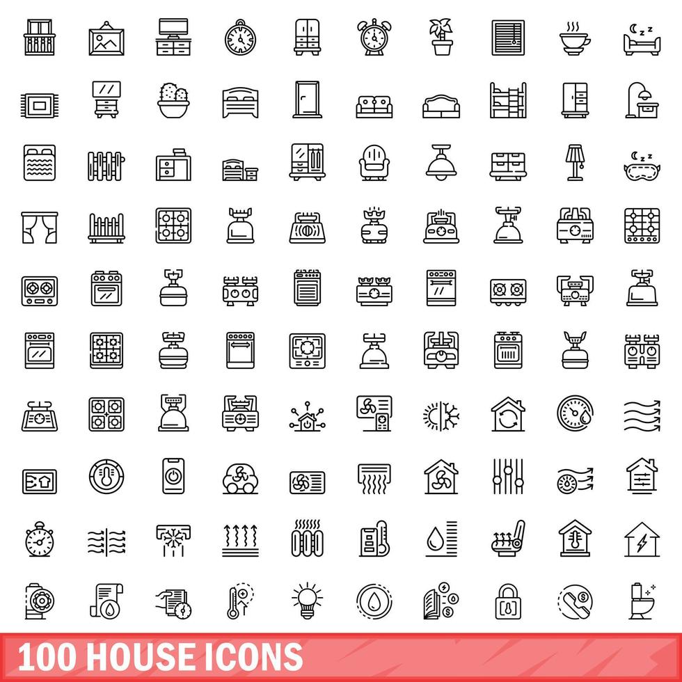 100 iconos de casa, estilo de esquema vector