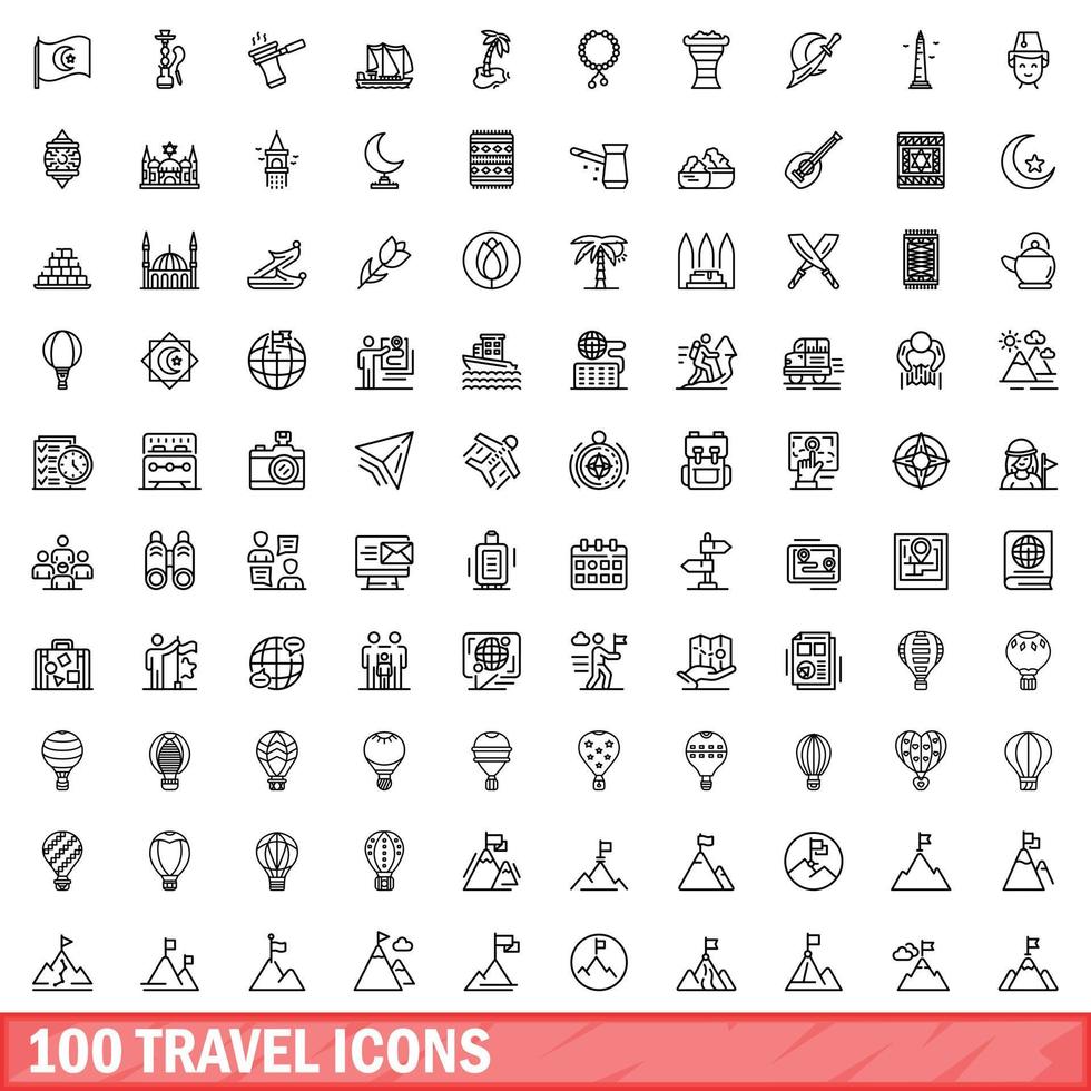 100 travel icons set, outline style vector