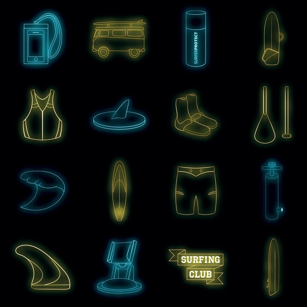 Surfing icons set vector neon