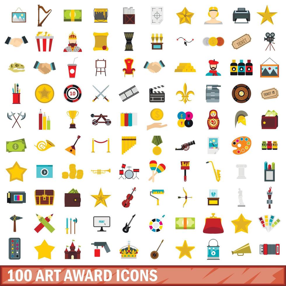 100 art award icons set, flat style vector
