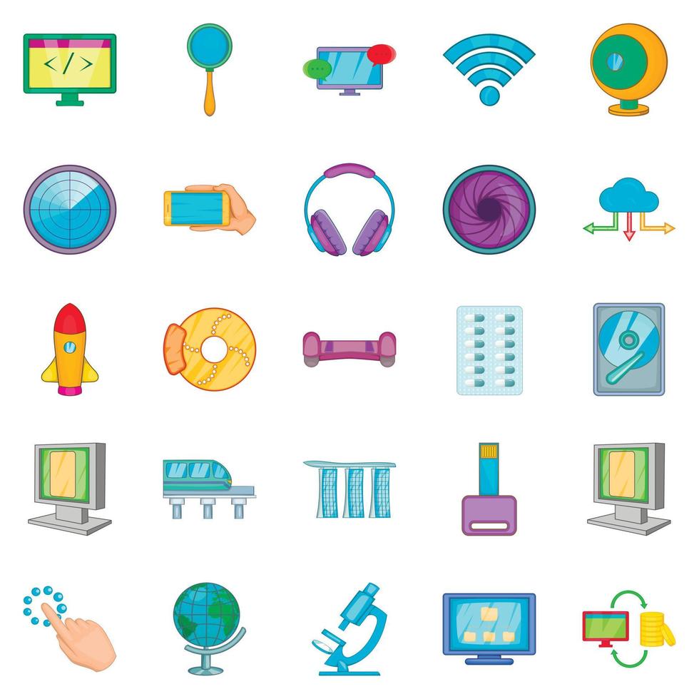 Tech icons set, cartoon style vector