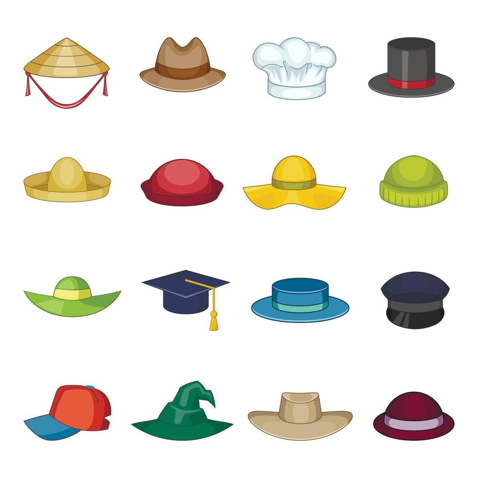 sombrero, tapa, iconos, conjunto, caricatura, estilo vector