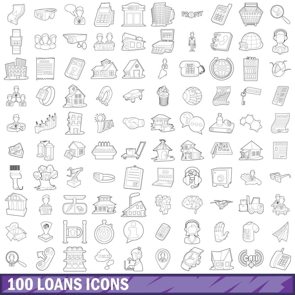 100 préstamos, conjunto de iconos de estilo de esquema vector