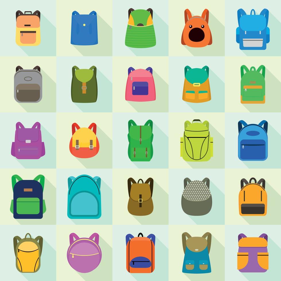 Backpack icons set, flat style vector