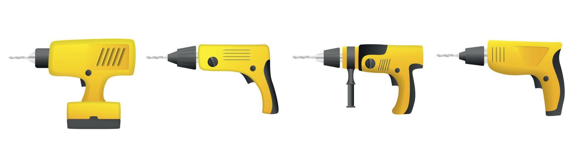 Drilling machine icons set, realistic style vector