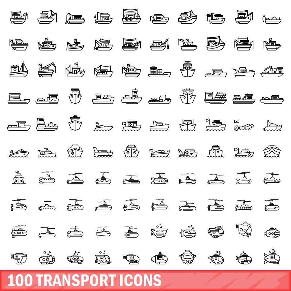 100 transport icons set, outline style vector