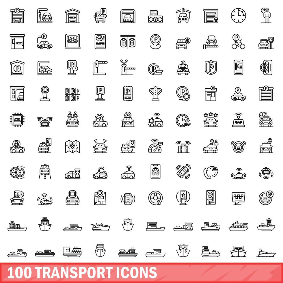 100 iconos de transporte, estilo de esquema vector