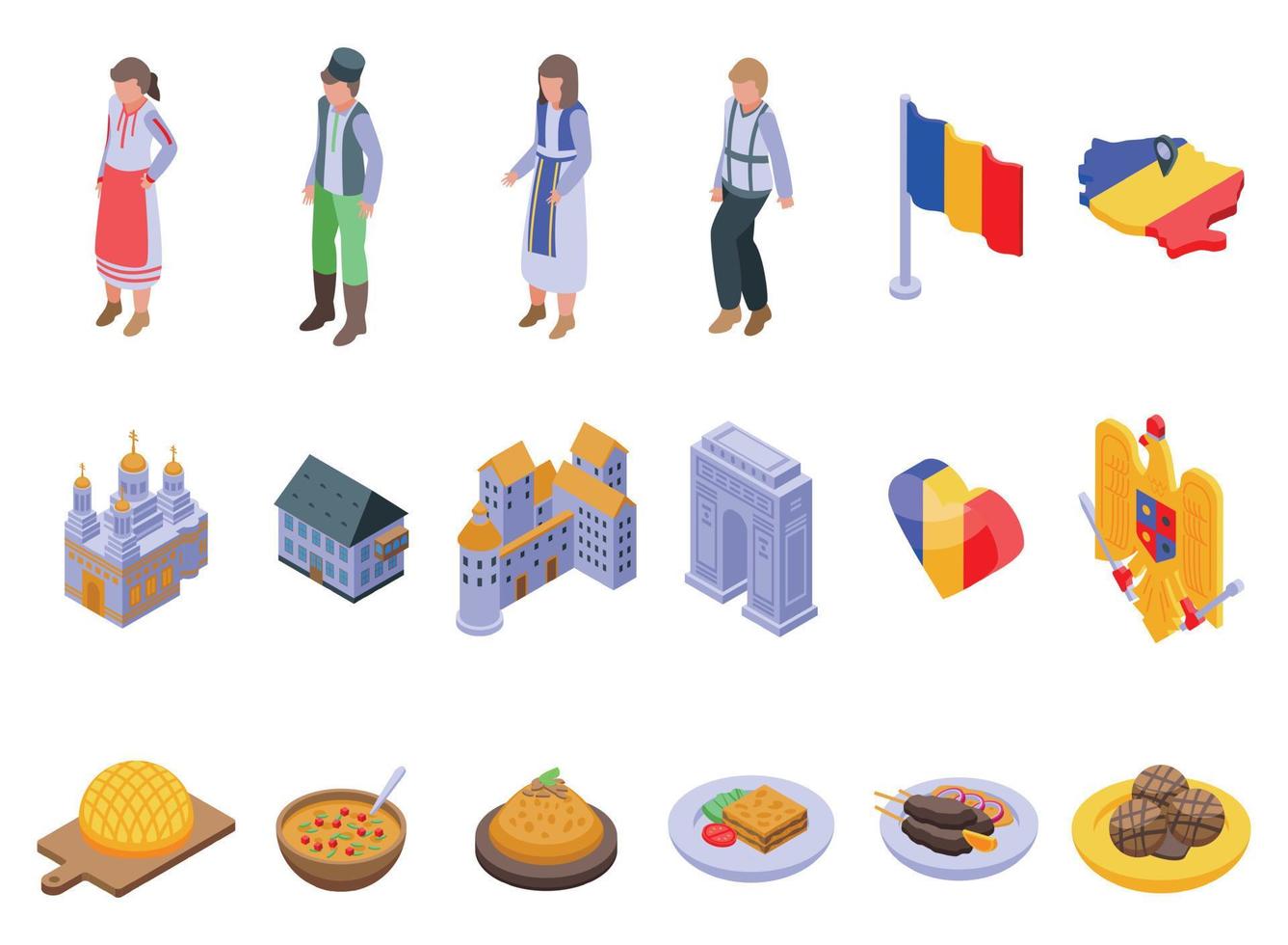 iconos de rumania establecen vector isométrico. comida de bucarest