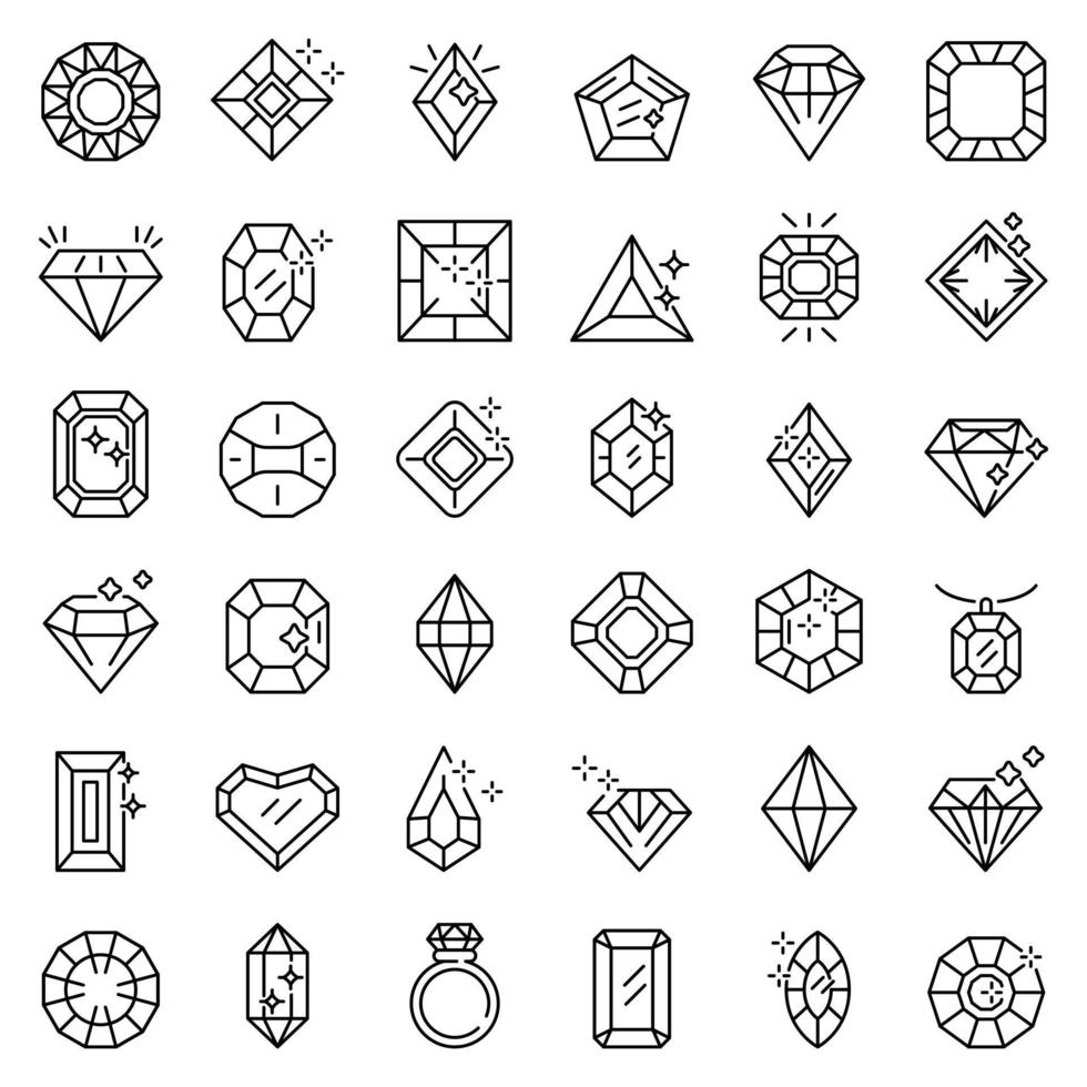 Jewel icons set, outline style vector