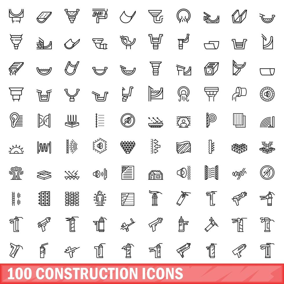 100 construction icons set, outline style vector