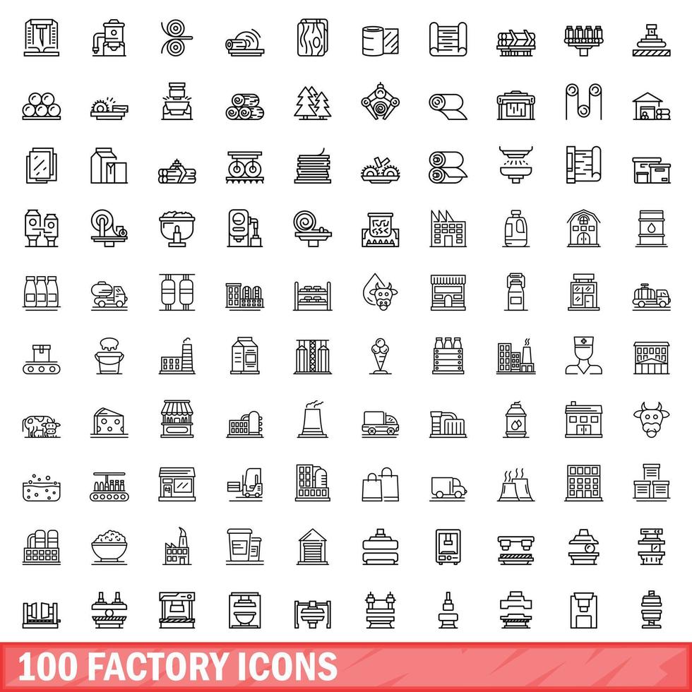 100 factory icons set, outline style vector