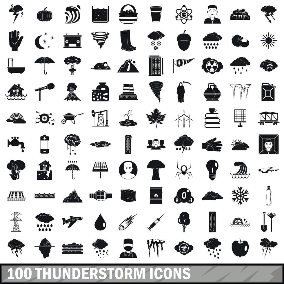 100 thunderstorm icons set, simple style vector