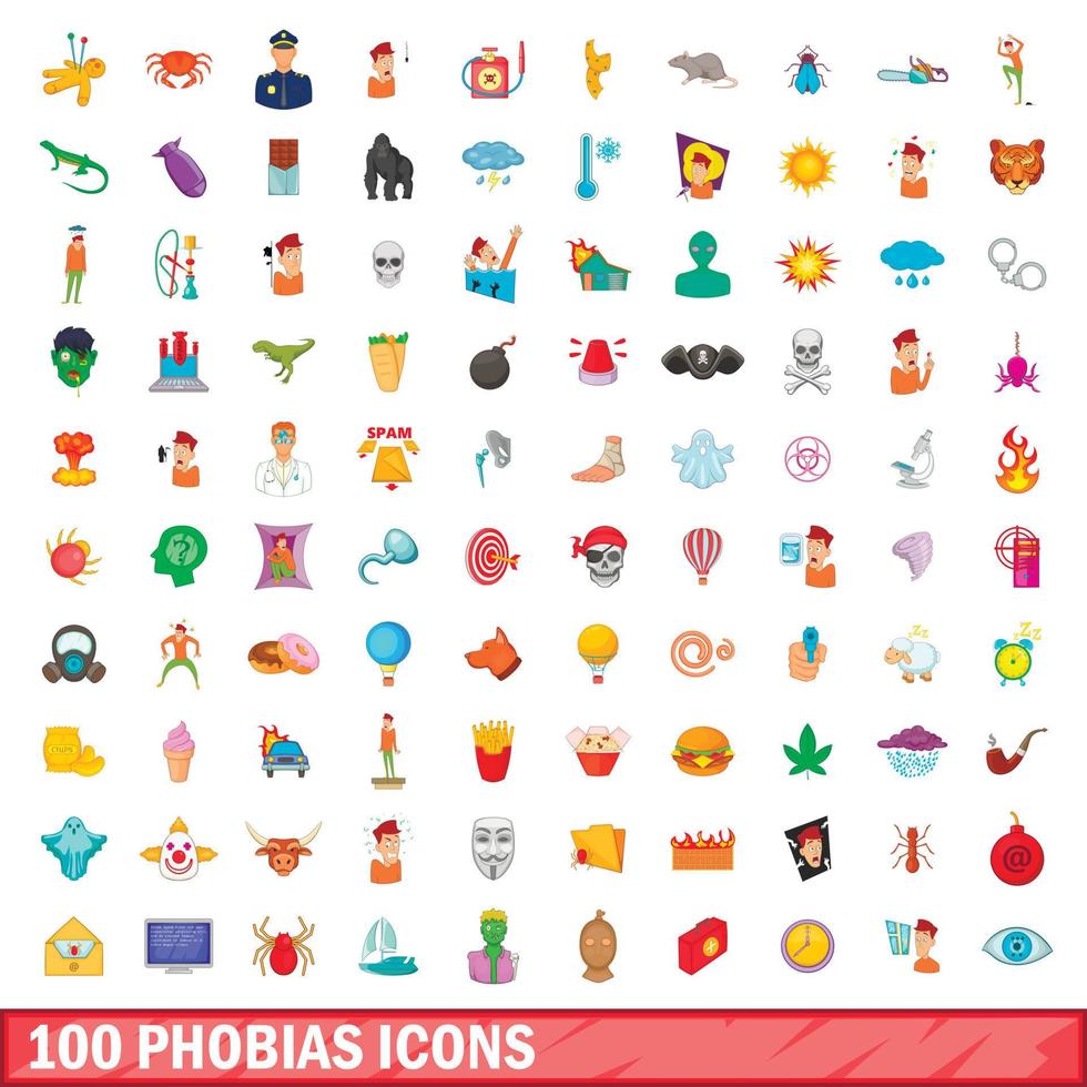 100 fobias, conjunto de iconos de estilo de dibujos animados vector