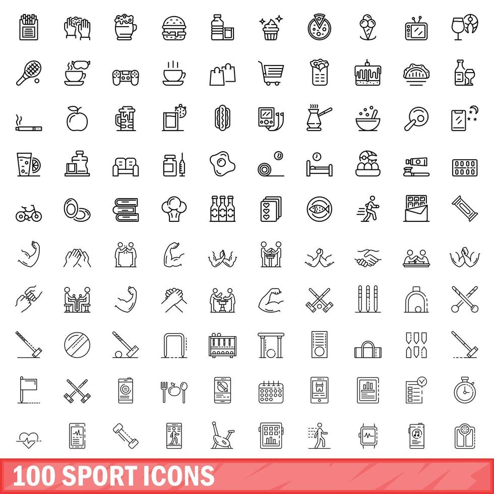 100 sport icons set, outline style vector