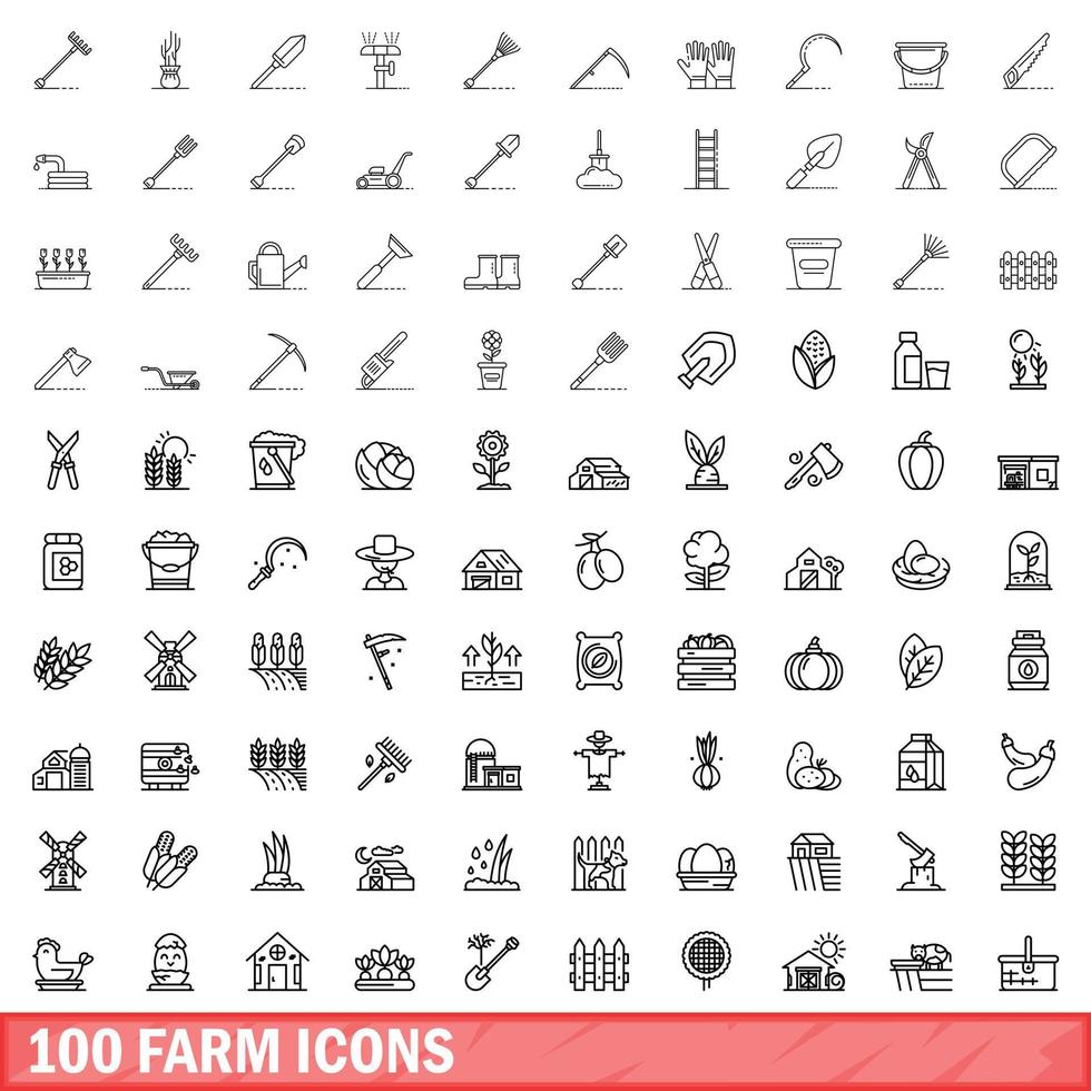 100 iconos de granja, estilo de esquema vector