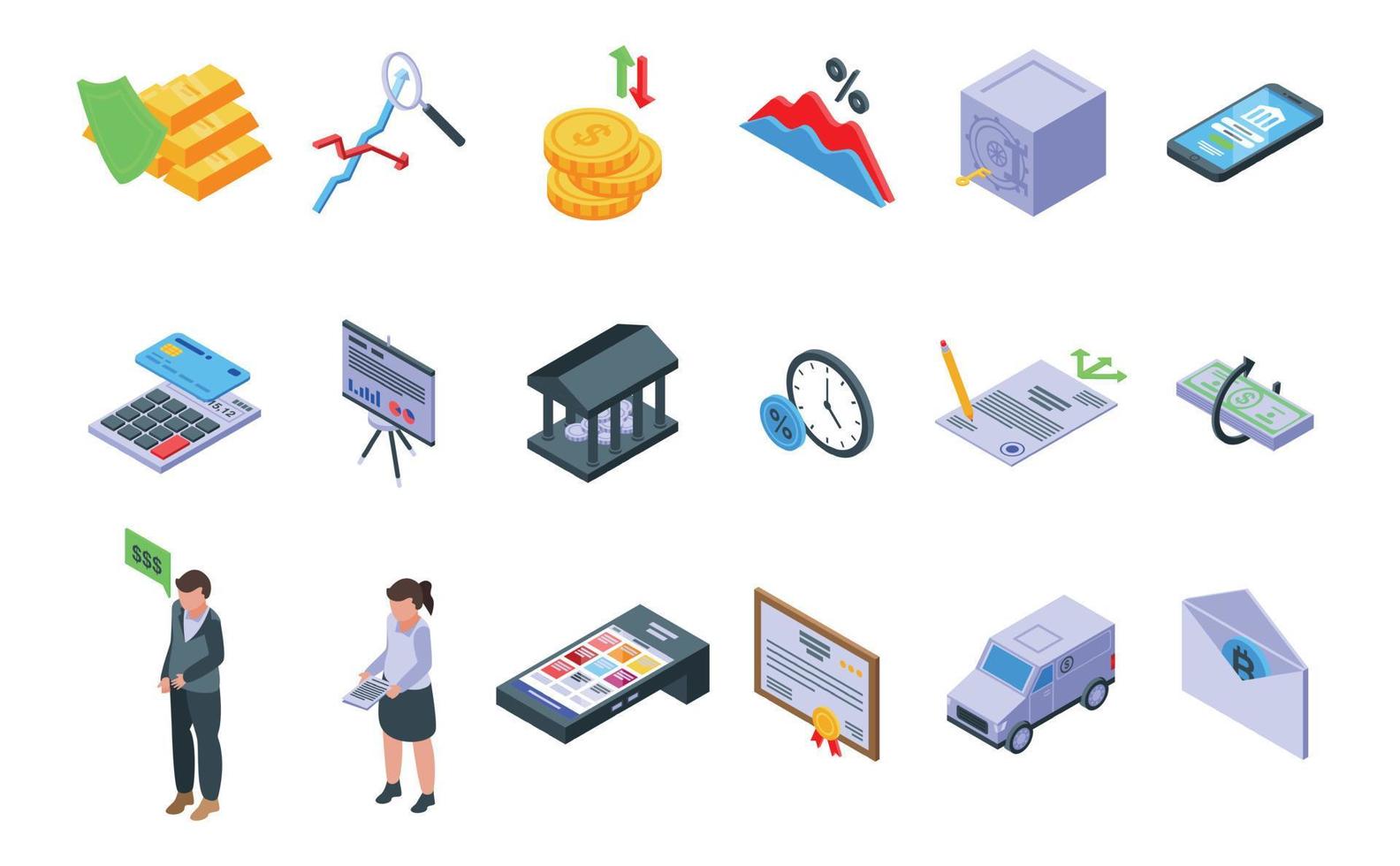 Bank reserves icons set isometric vector. Check gold money vector