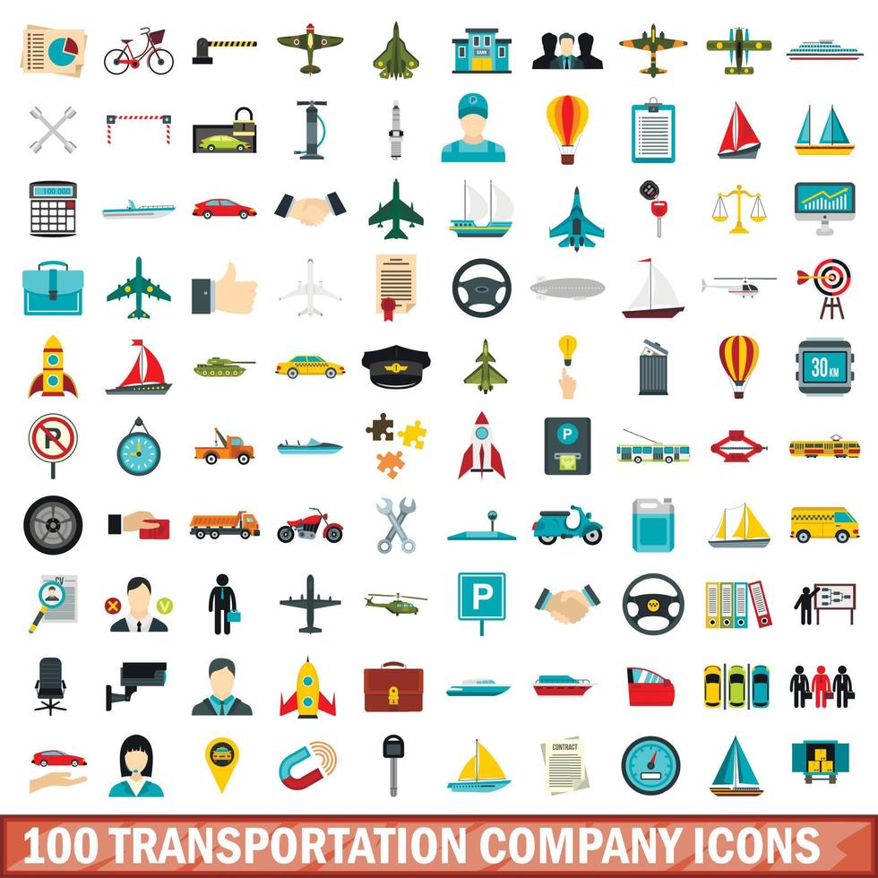 100 transportation company icons set, flat style vector
