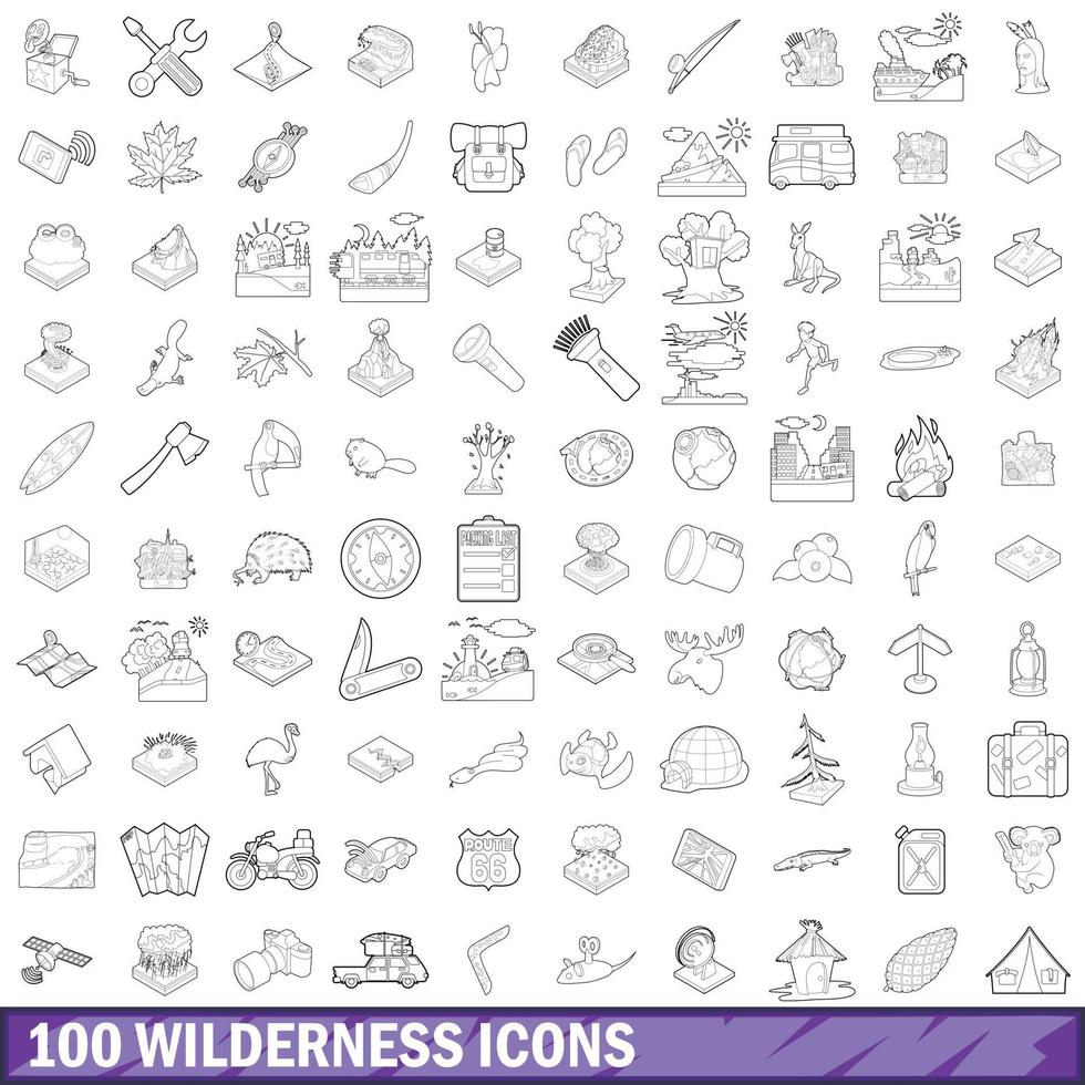100 wilderness icons set, outline style vector