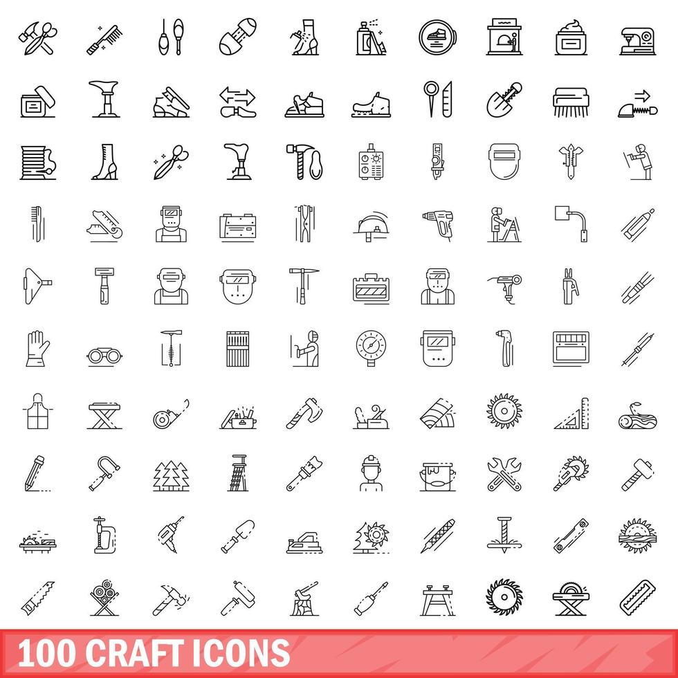 100 craft icons set, outline style vector