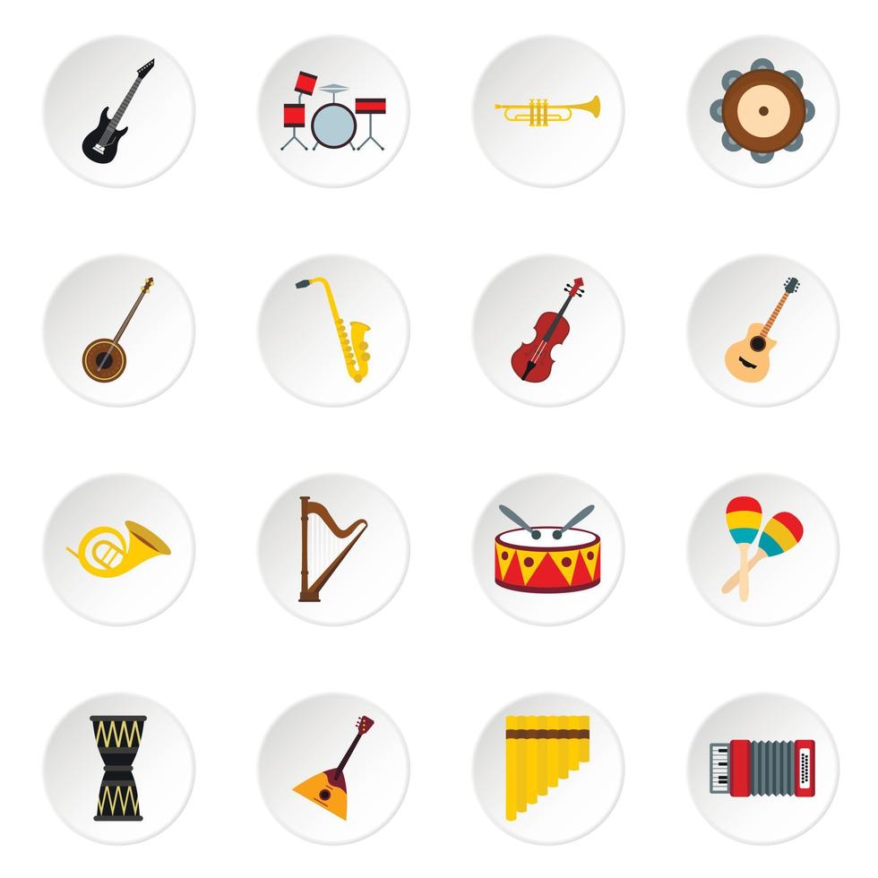Musical instruments icons set, flat style vector