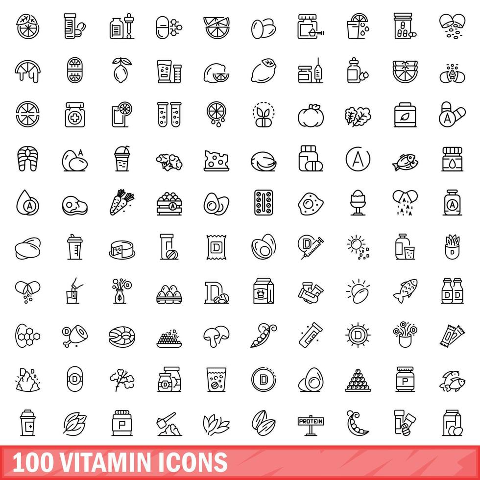 100 iconos de vitaminas, estilo de contorno vector