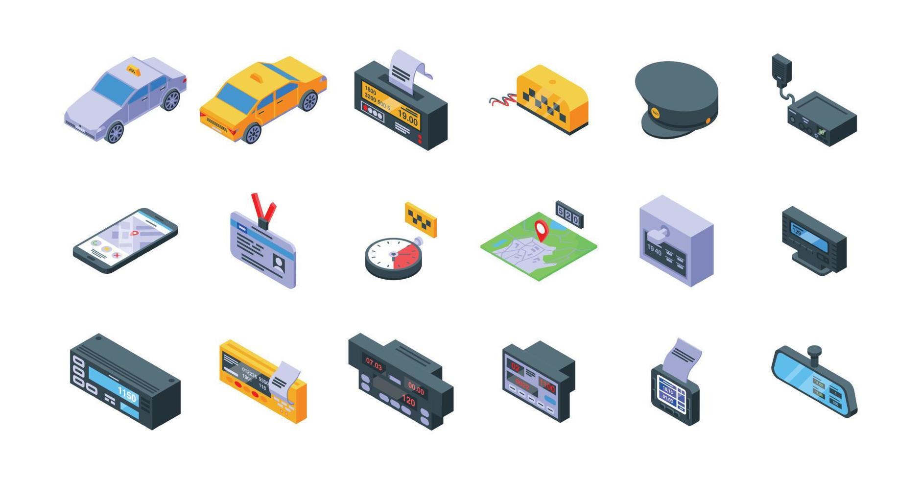 Taximeter icons set isometric vector. Auto trip vector