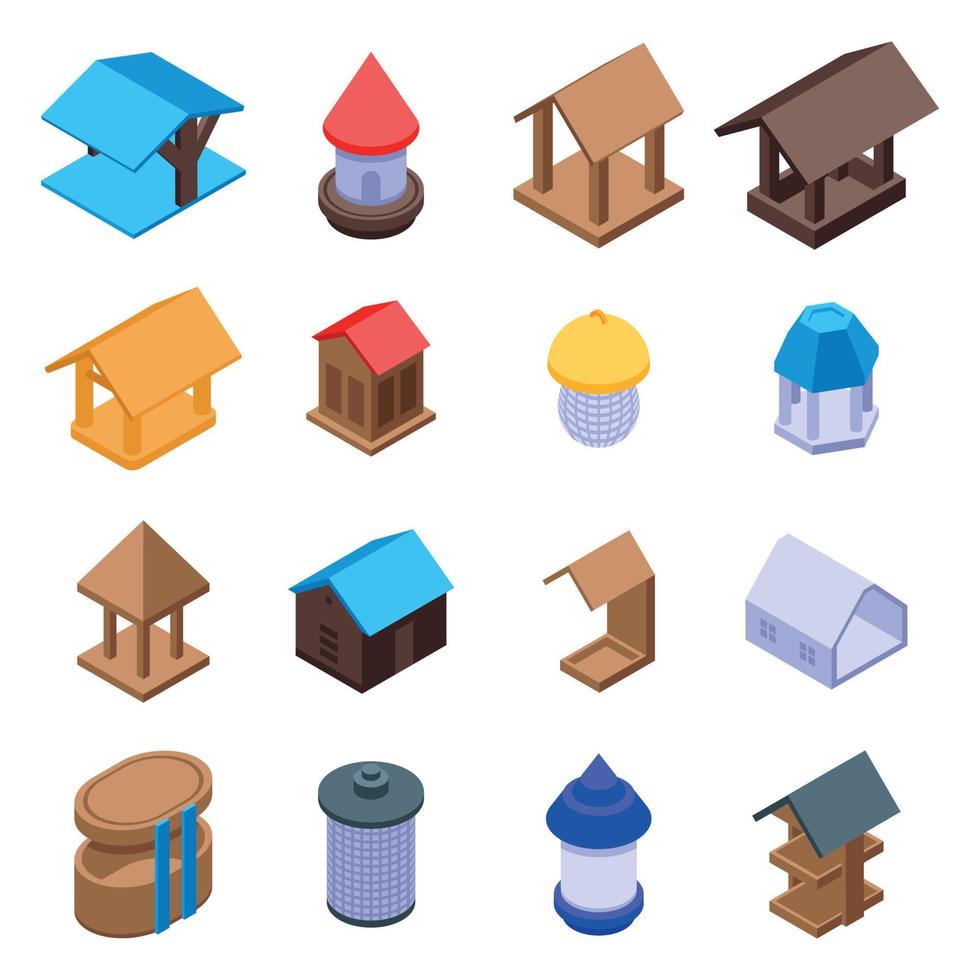 Bird feeders icons set, isometric style vector