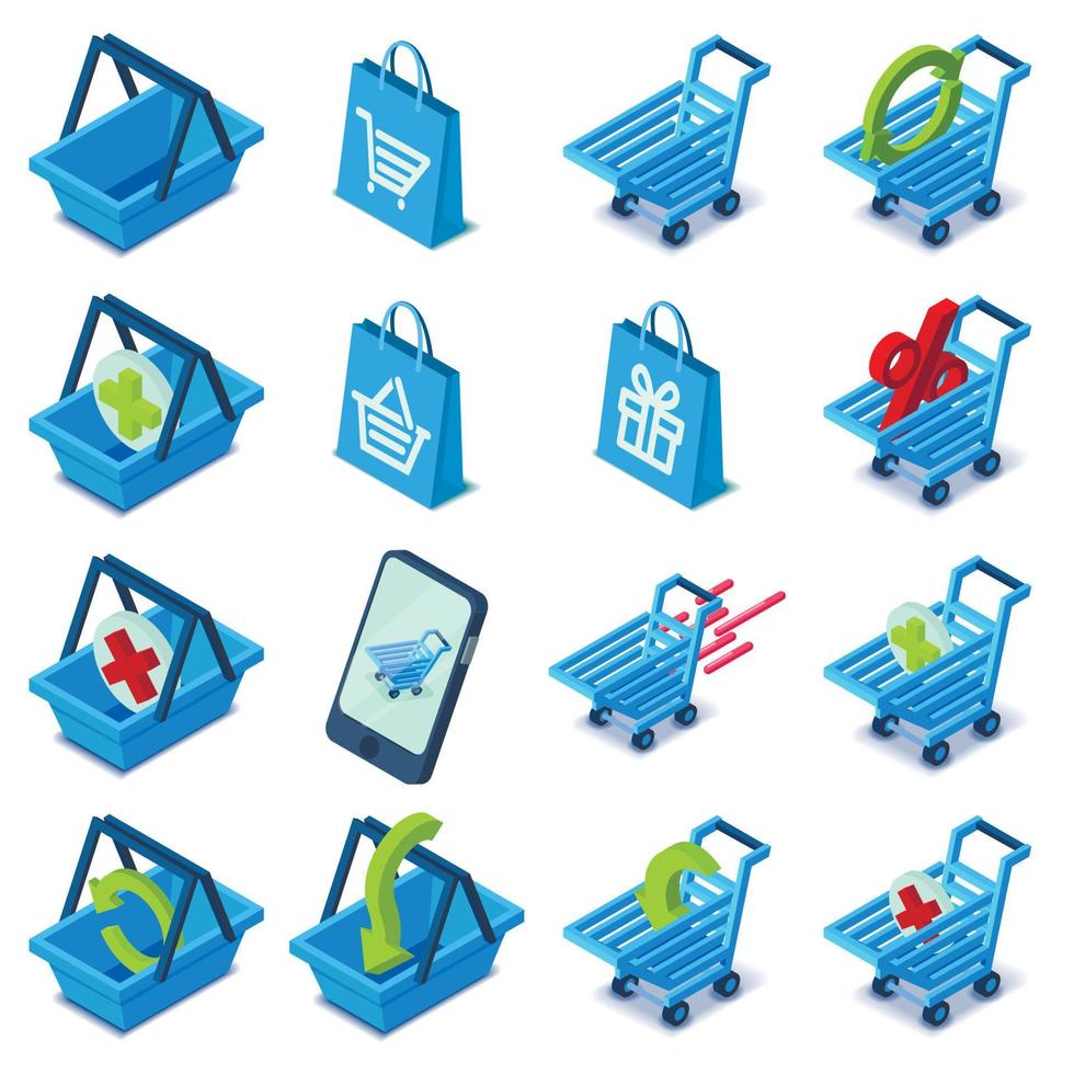 conjunto de iconos de carrito de compras, estilo isométrico vector