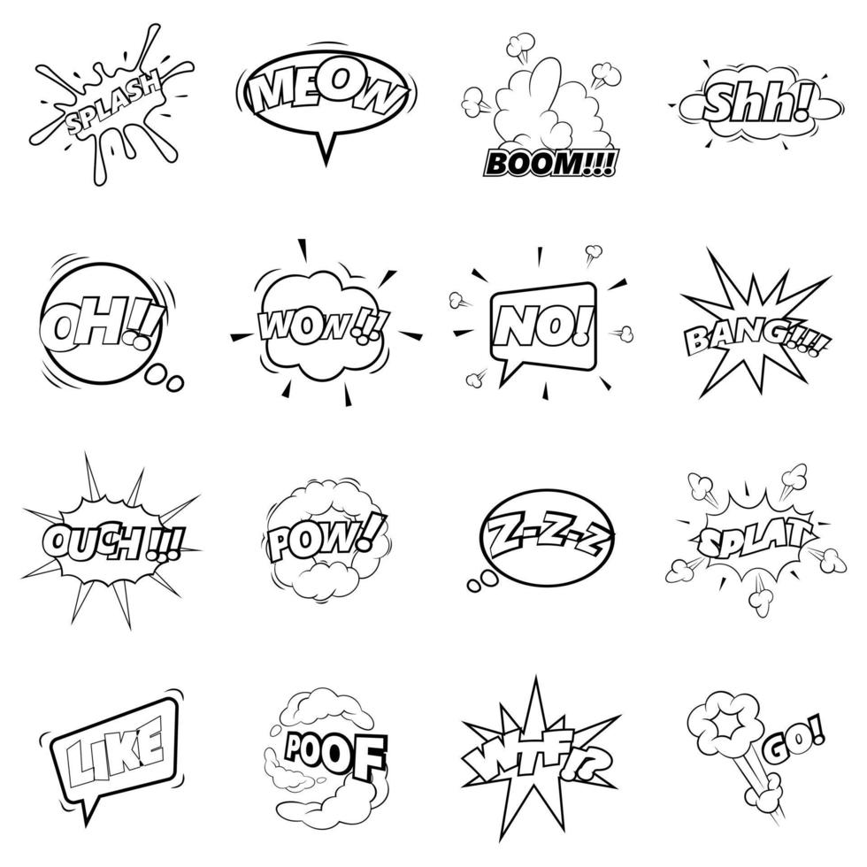 esquema de conjunto de iconos de conjunto de nube de sonido cómico vector