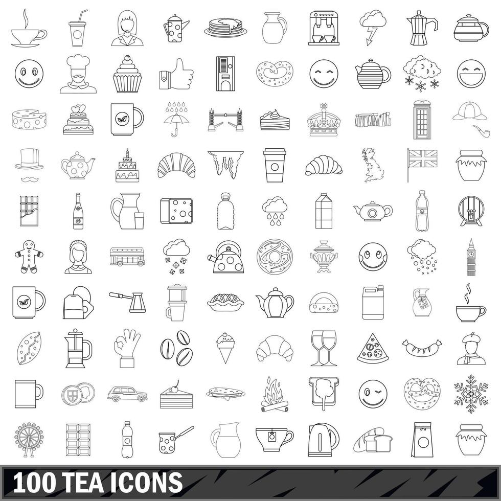 100 iconos de té, estilo de contorno vector