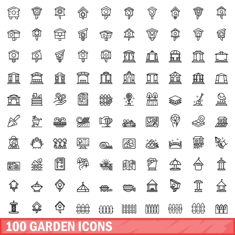 100 iconos de jardín, estilo de esquema vector