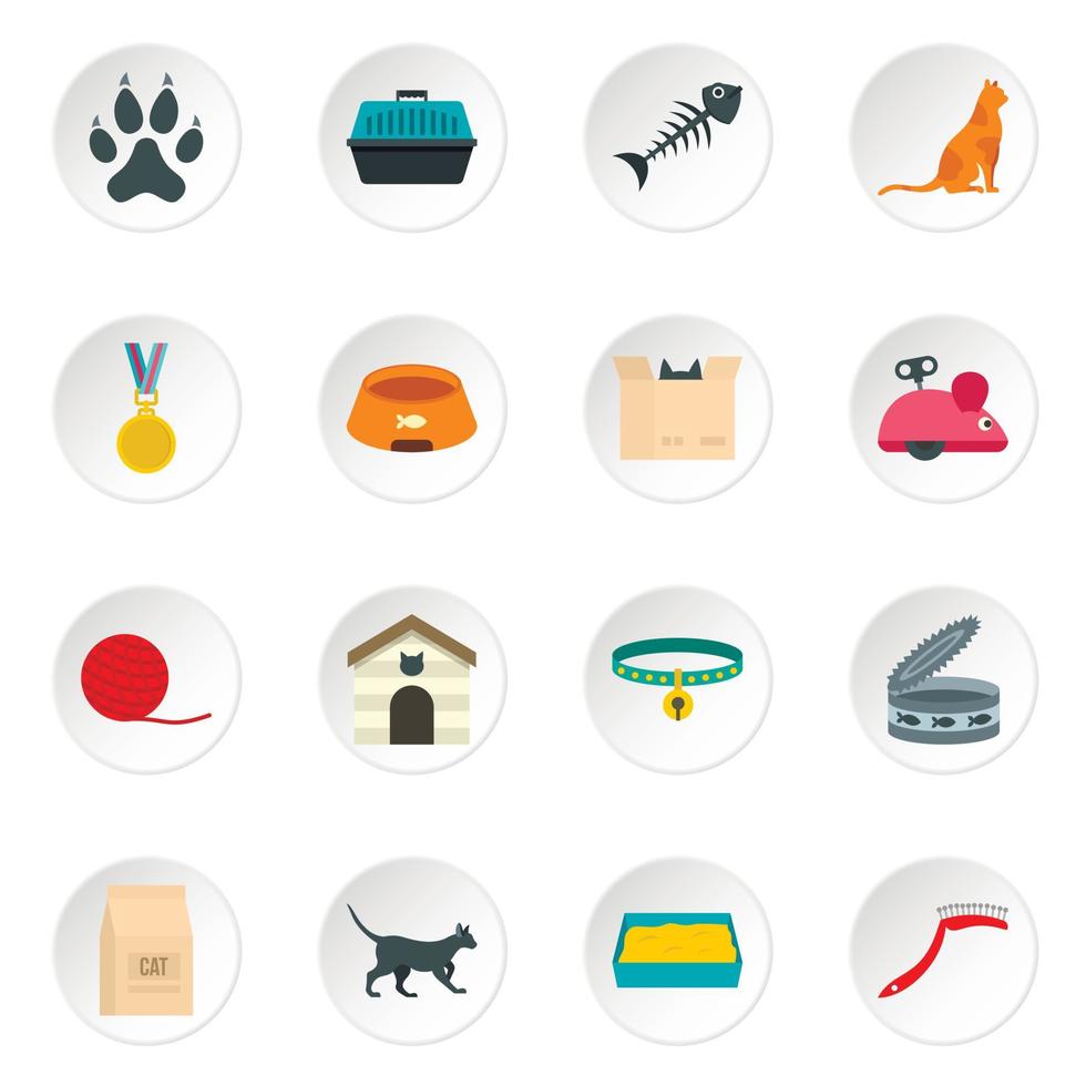 Cat care tools icons set in flat style vector