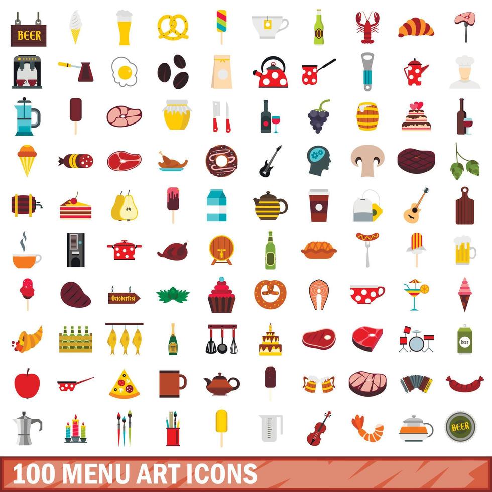 100 menu art icons set, flat style vector