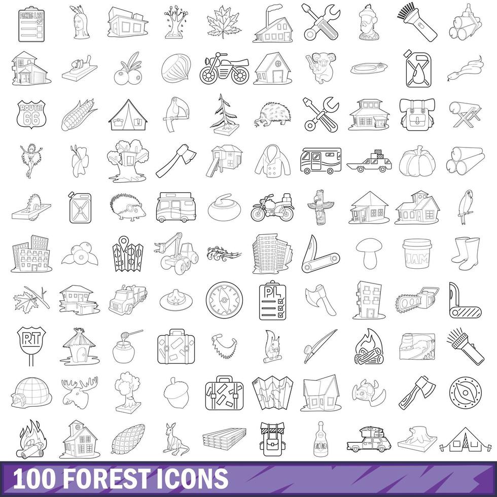 100 forest icons set, outline style vector