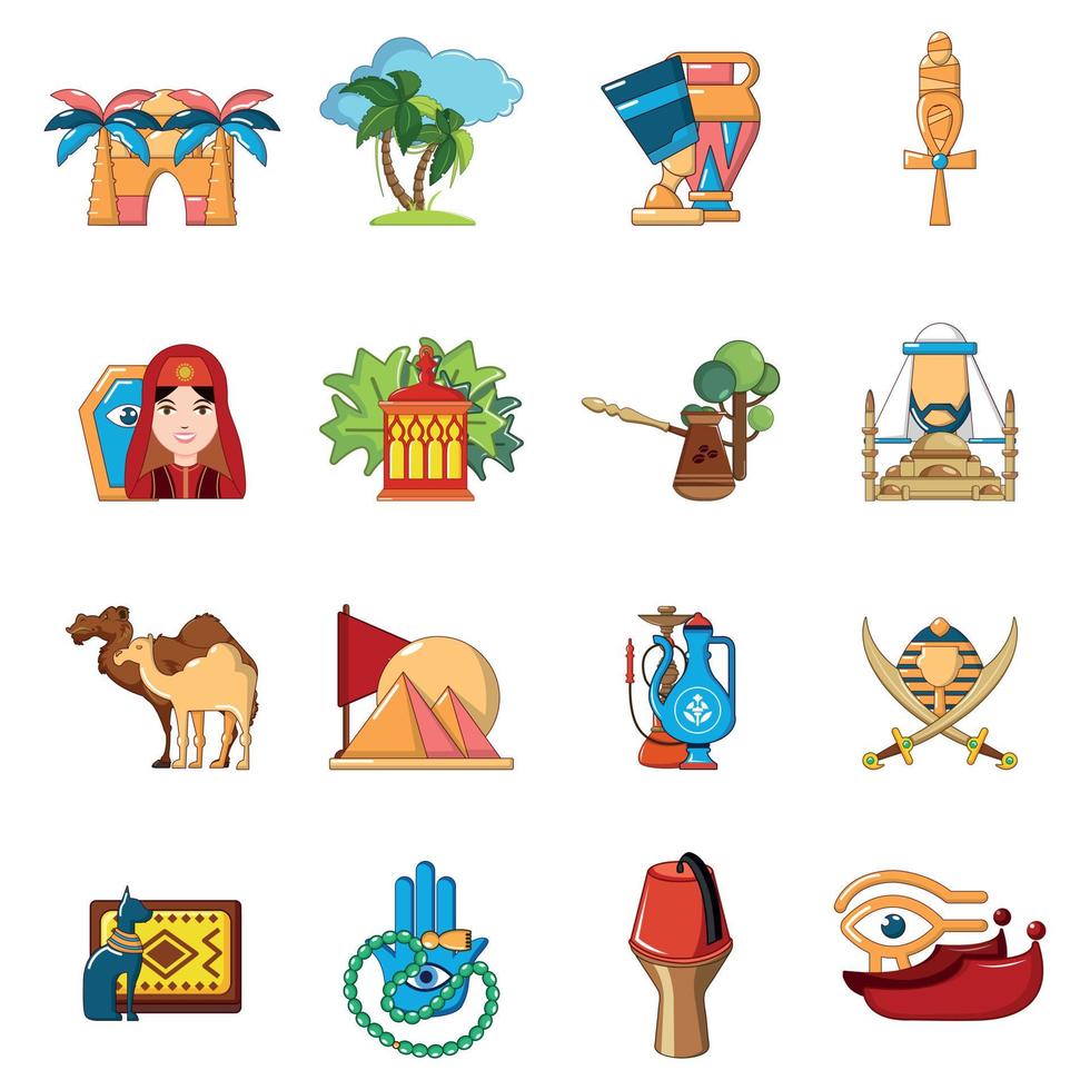 Arabic travel icons set, cartoon style vector
