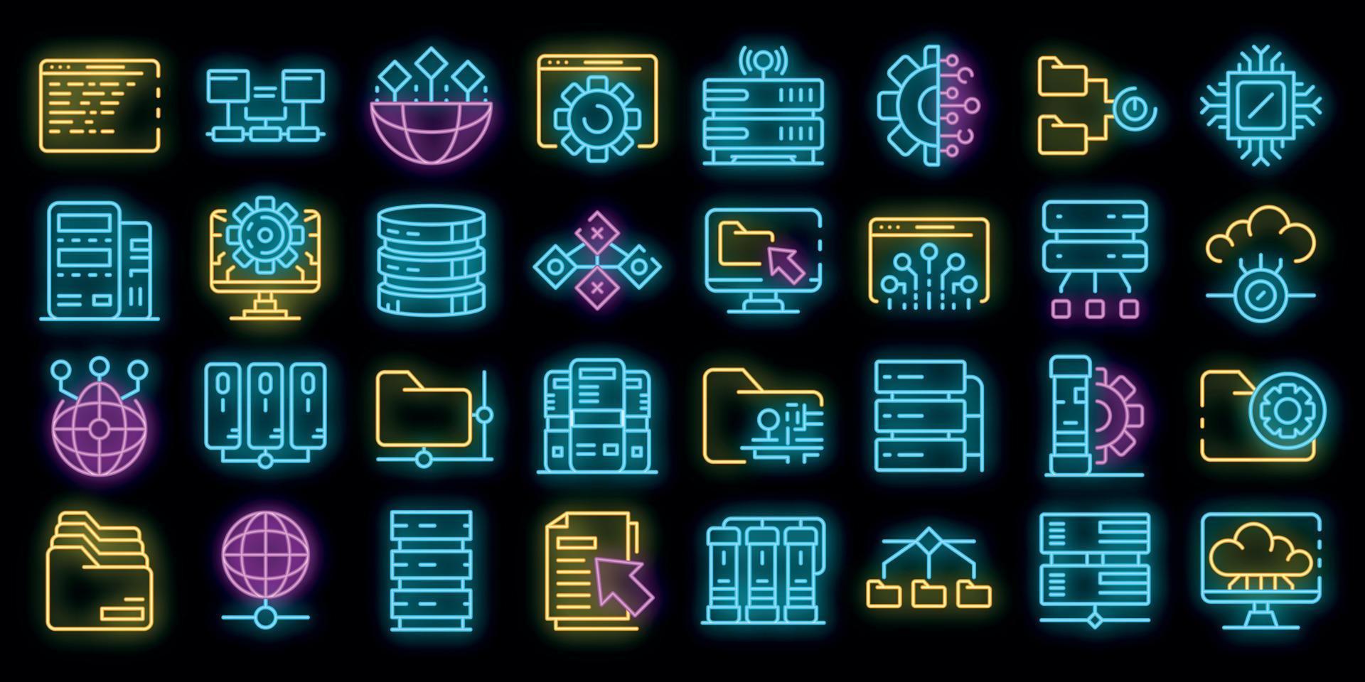 Data center icons set vector neon