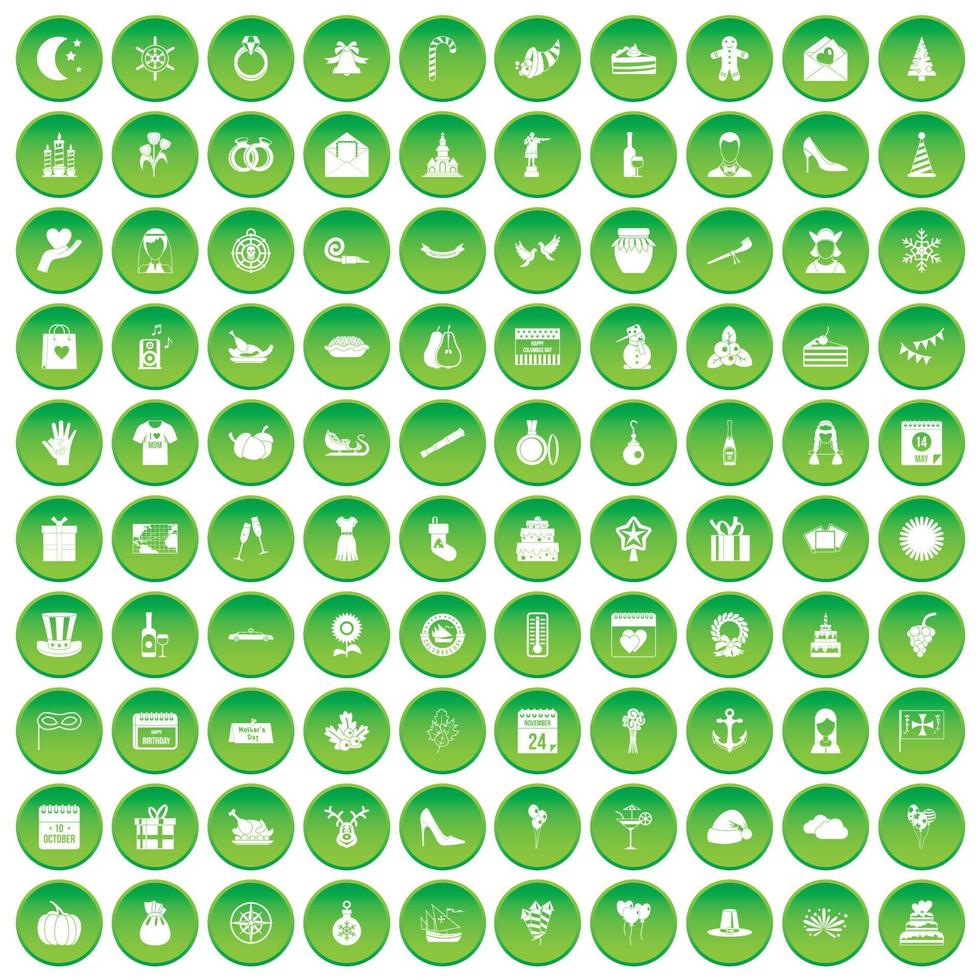 100 festive day icons set green circle vector