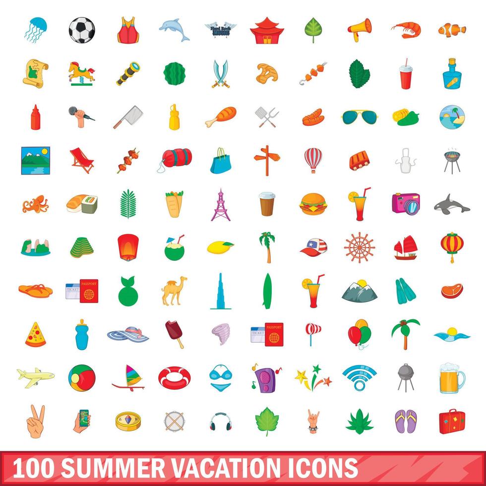 100 iconos de vacaciones de verano, estilo de dibujos animados vector