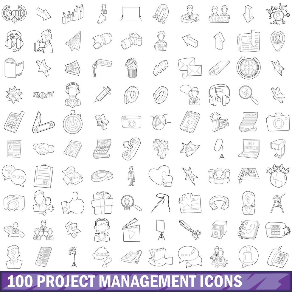 100 project management icons set, outline style vector