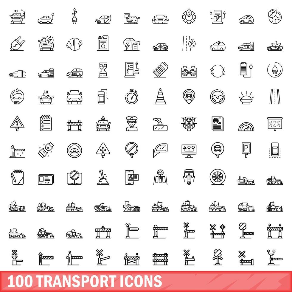 100 transport icons set, outline style vector