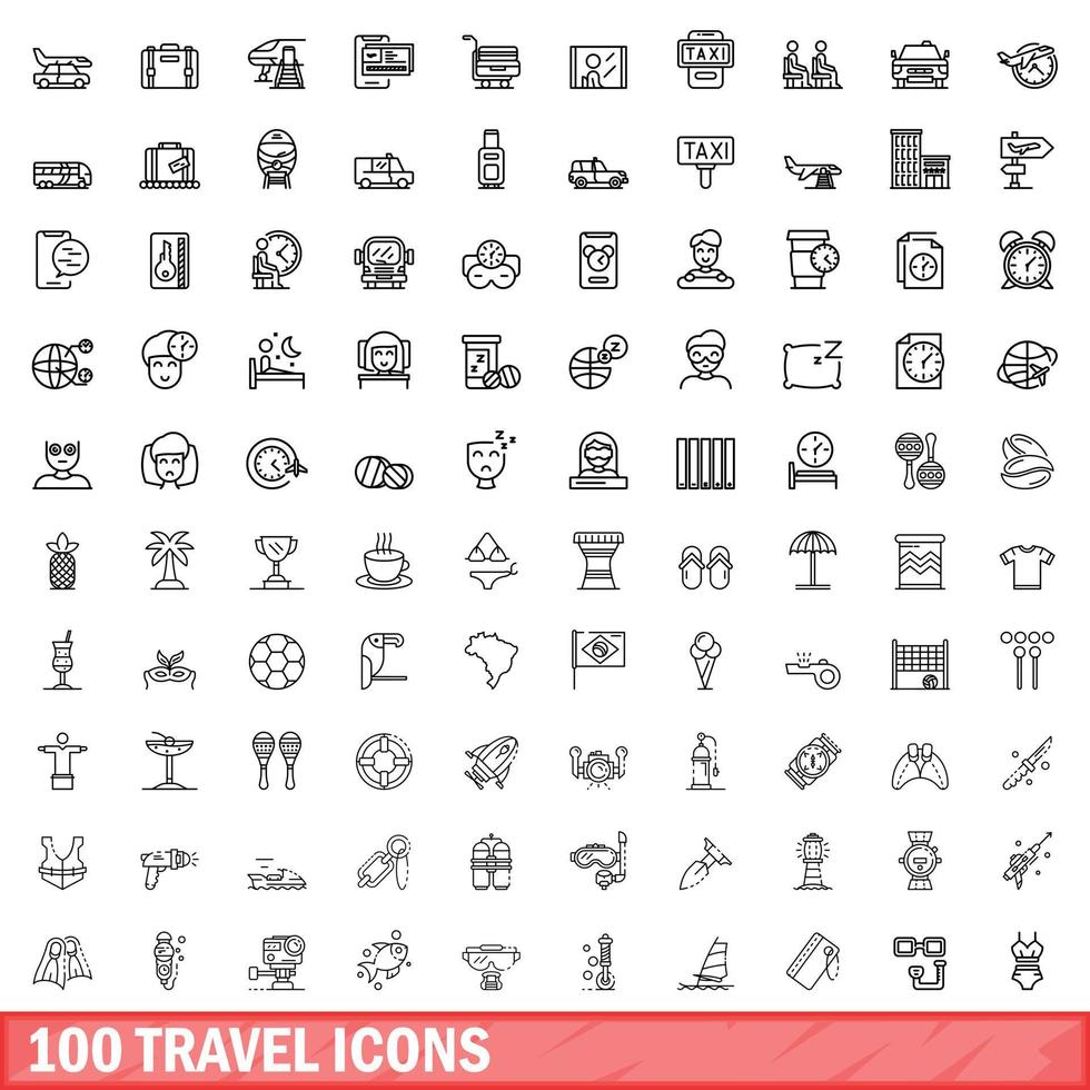 100 iconos de viaje, estilo de esquema vector