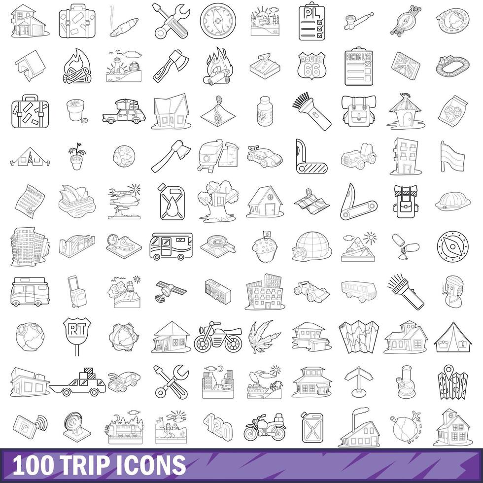 100 trip icons set, outline style vector