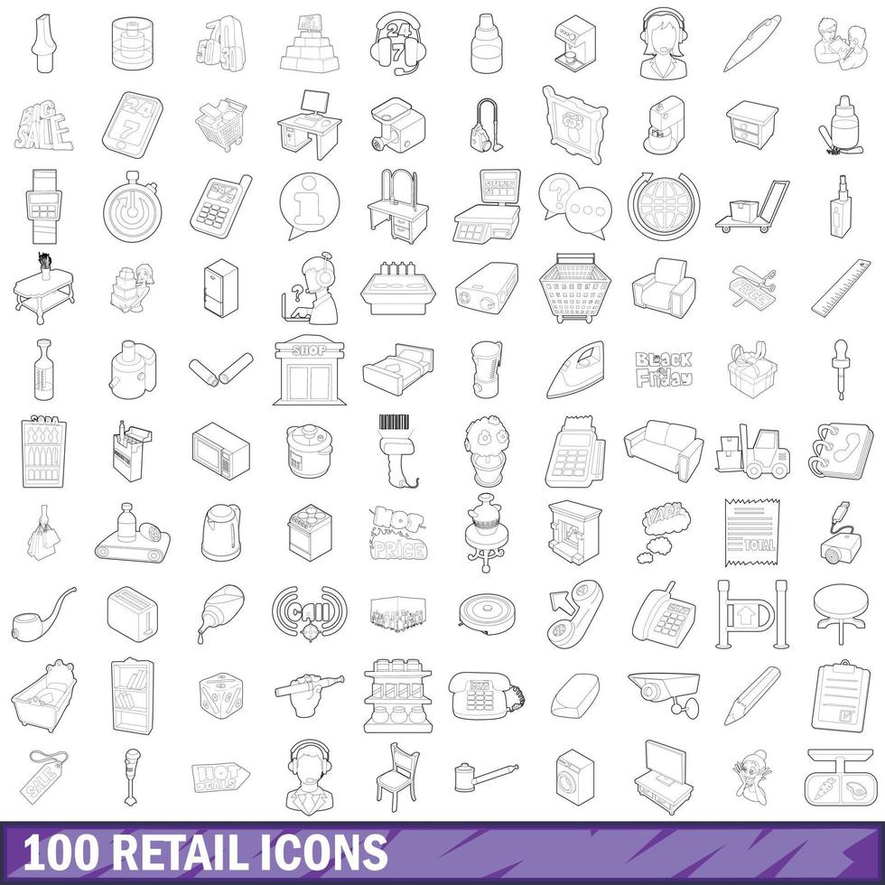 100 iconos de venta al por menor, estilo de esquema vector