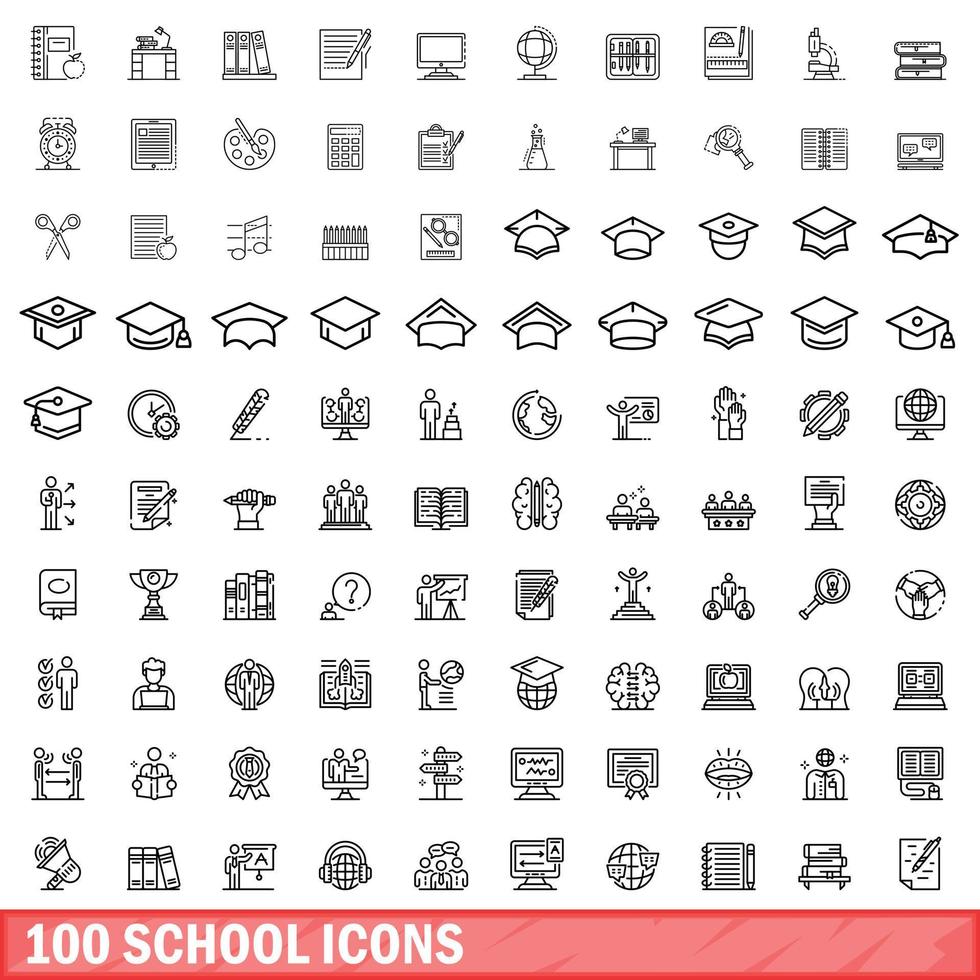 100 school icons set, outline style vector