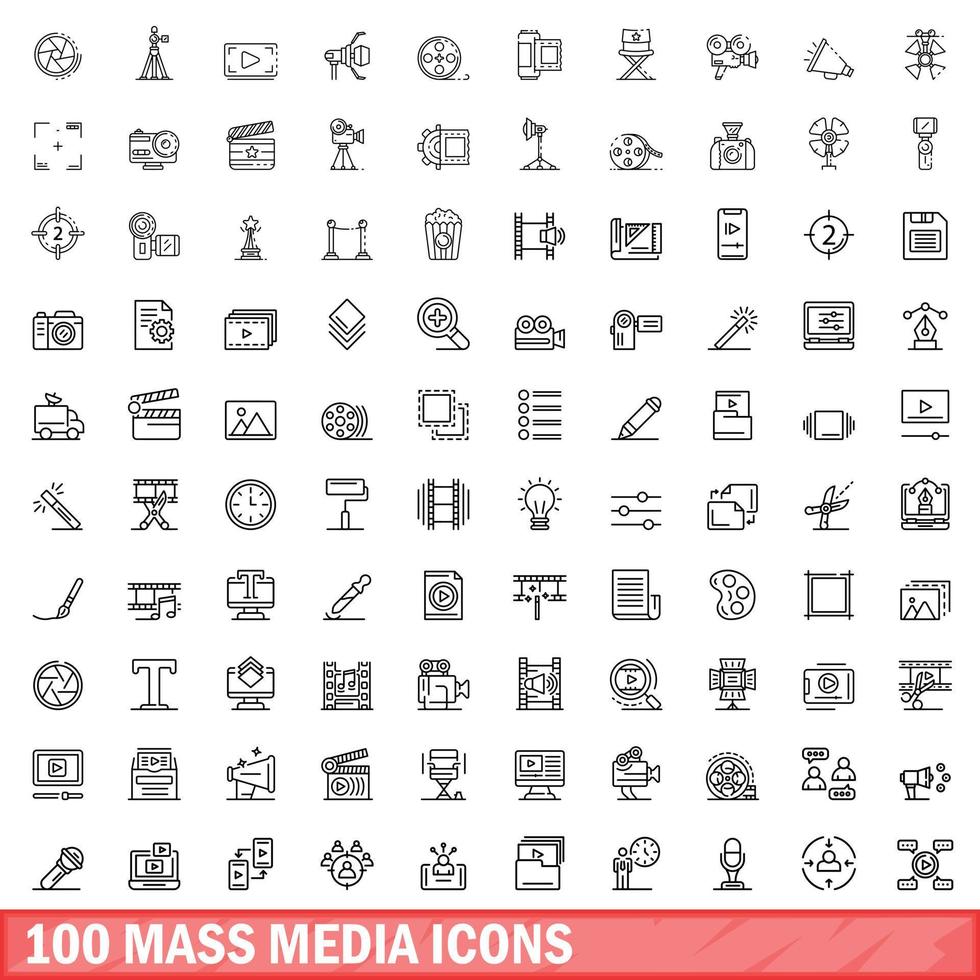 100 mass media icons set, outline style vector