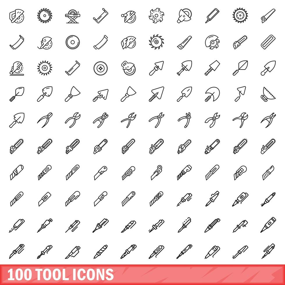 100 tool icons set, outline style vector