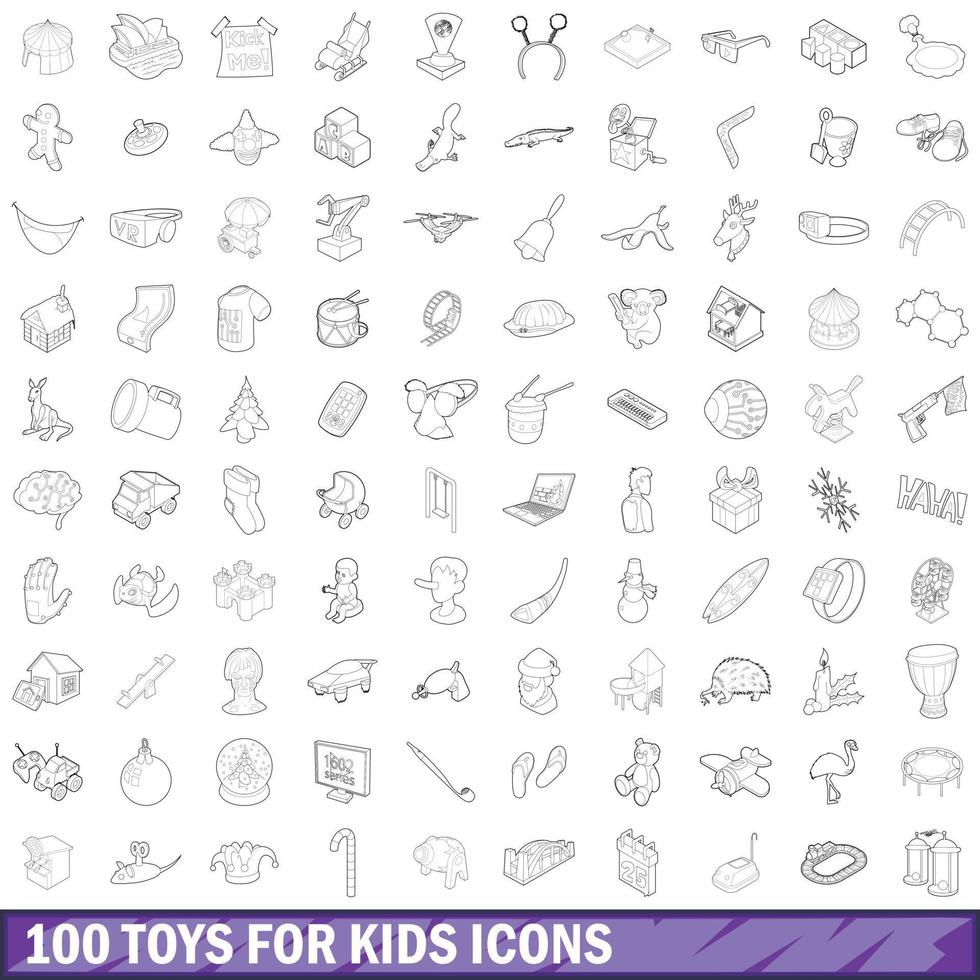 100 toys for kids cons set, outline style vector
